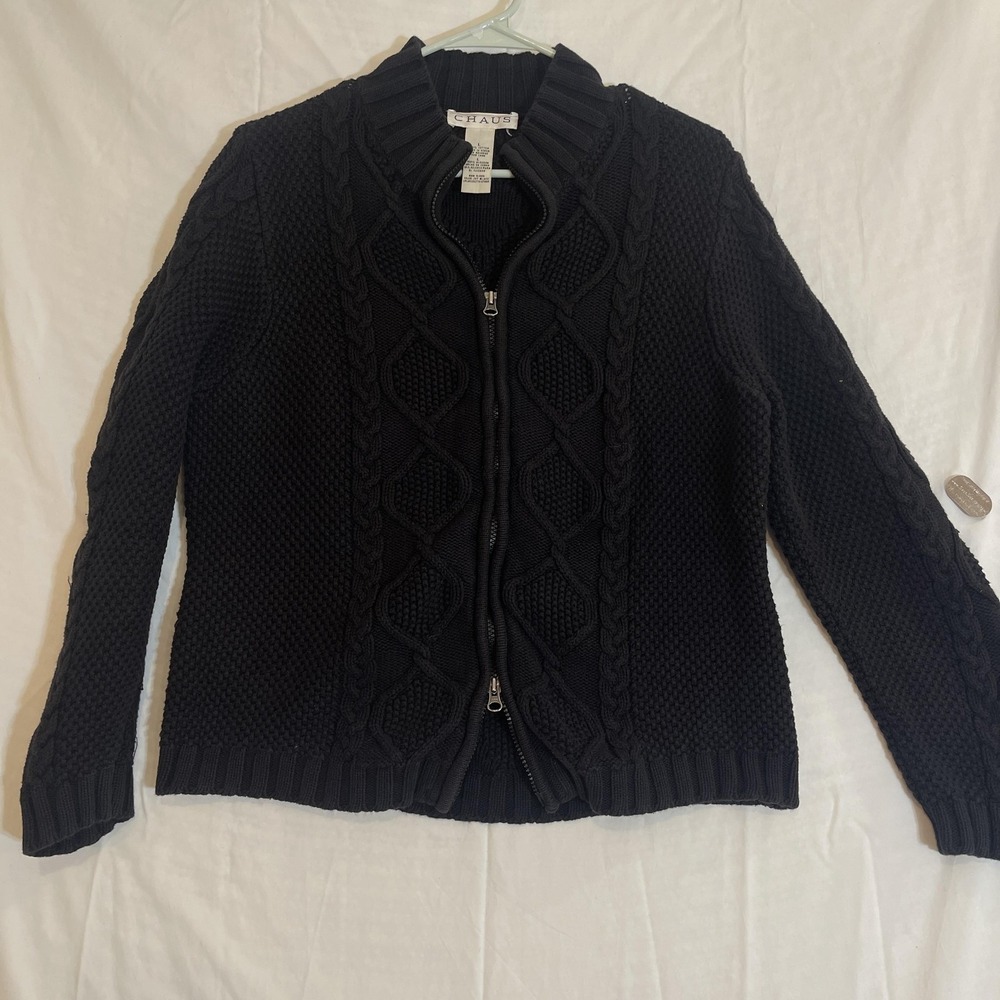 CHAUS vintage Sweater Womens Medium Black Cable‎ Knit double Zip Cardigan Jacket
